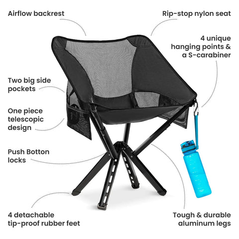Ultra Lightweight Backpack Chair With 5 Second Folding, showing airflow backrest, rip-stop nylon seat, and aluminum legs.