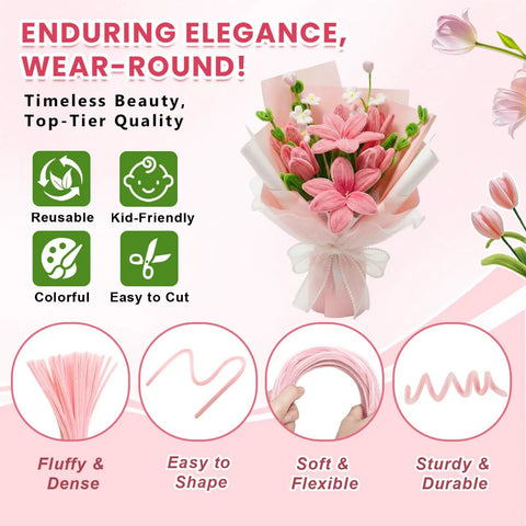 All-Inclusive 600 Piece Pipe Cleaners Craft Kit With 6 Color Chenille Stems, faux flower bouquet with pink blooms and greenery