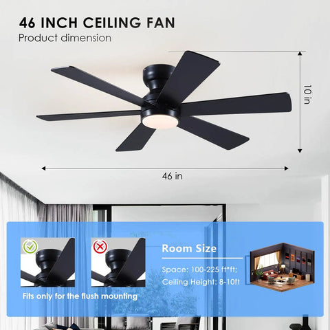 46 Inch Low Profile Ceiling Fan With Light And Remote Control, Black Modern Flush Mount Design in a living room setting