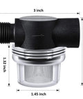 RV Water Pump Strainer Filter 1/2 Inch Twist-On Inlet Outlet With 50 Mesh Stainless Steel Screen, Transparent Bowl For Easy Cleaning, Replacement Part For WFCO And Shurflo Pumps. Dimensions shown in image: 3 inch length, 2.32 inch height, and 1.32 inch width