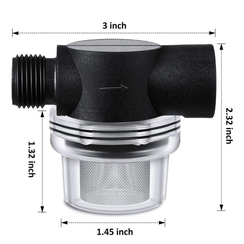 RV Water Pump Strainer Filter 1/2 Inch Twist-On Inlet Outlet With 50 Mesh Stainless Steel Screen, Transparent Bowl For Easy Cleaning, Replacement Part For WFCO And Shurflo Pumps. Dimensions shown in image: 3 inch length, 2.32 inch height, and 1.32 inch width