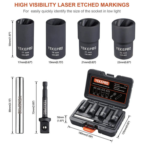 Lug Nut Removal Tool Kit For Damaged Frozen Rusted Nuts And Bolts, Six Piece Half Inch Drive Impact Twist Socket Set with case