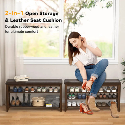 Durable Rubberwood Shoe Bench With Leather Cushion For Entryway And Mudroom next to window, featuring 3 height adjustable shelves.