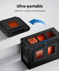 Heavy-Duty Laser Engraver Enclosure With Exhaust Vent And Smoke Odor Shield For Most Laser Engraving Machines, Sized 28.8x15x21.6 In, Flame-Retardant Glass Fiber Cloth, Heat-Insulated Silicone Coating, Dustproof, Noise Reduction, Eye Protection displayed folded and assembled