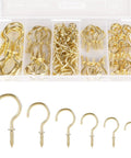 Gold Cup Hooks Set With 110 Pieces In Six Sizes One Half Inch Five Eighth Inch Three Quarter Inch Seven Eighth Inch One Inch And One And A Quarter Inch Solid Steel Screw In Hooks Rust Resistant Burr Free For Kitchen Garage And Home Organization displayed in a transparent box