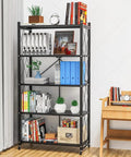 Rock Solid Metal Shelving Unit With Wheels Five Tier Folding Storage Rack Built Tough For Garage Or Shop Rust Proof Steel Frame with books and plants.