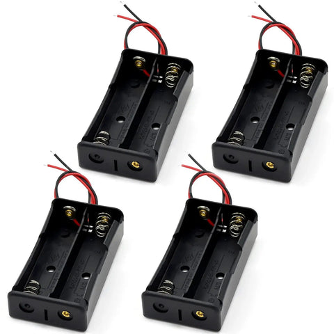 Four Pack Of Hella Reliable AA Battery Holders With Attached Leads And Stainless Steel Contacts For Effortless Power Delivery And A Straight Up No Fuss Housing That Keeps Batteries Securely Locked Away, showing four holders with red and black leads.