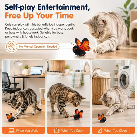 Totally Interactive Cat Butterfly Toy With Sensor Flight And Realistic Wing Motion That Sparks Hunting Instincts, Durable Plush Flapping Butterfly For Solo Indoor Play, Yellow 1pc. Cat playing indoors