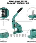 Three Die Hand Press Grommet Machine Kit With 1500 Eyelets, showing spring, screw bolt, and interchangeable dies