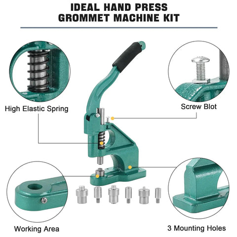 Three Die Hand Press Grommet Machine Kit With 1500 Eyelets, showing spring, screw bolt, and interchangeable dies