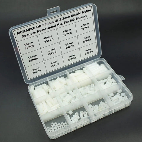 Nylon Round Unthreaded Spacers Kit For M3 Screws, 300 Pc White Assortment in box, various sizes visible, including 5mm OD and 3.2mm ID.