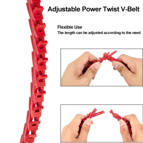 Adjustable 1/2 Inch V Belt With 5 Foot Length Type A Link Belt for woodworking, shown in red with flexible adjustment demonstration.