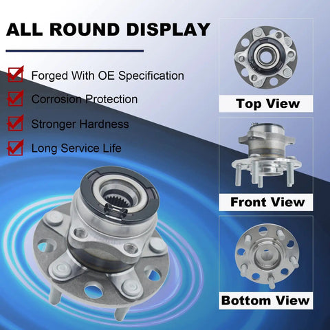 Rear Wheel Bearing And Hub Assembly For 4WD And AWD Vehicles Compatible With 2007-2008 Dodge Caliber And 2007-2017 Jeep Compass Patriot 5 Lug Rear Axle Reference 512333 5105770AD BR930649 HA590230 featuring corrosion protection and long service life in multiple views
