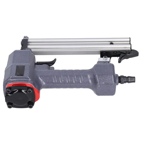 Heavy Duty Pneumatic Air Brad Nailer With Featherlight Aluminum Body And Killer Ergonomic Grip For Hassle Free Home Upgrades And Premium Woodworking side view with trigger and connection port