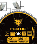 12 Inch Miter Saw Blade 80 Tooth Fine Finish Crosscutting Wood Blade Pro Grade With 1 Inch Arbor For Ultra Smooth Clean Cuts ATB Teeth Laser Cut Kerf 0.118 Inch Low Vibration Performance, close-up of blade teeth and center details.