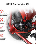 PE22 22mm Carburetor Jet Kit For Predator 212cc And 196cc Clone Engines, installed on mini bike, includes intake manifold