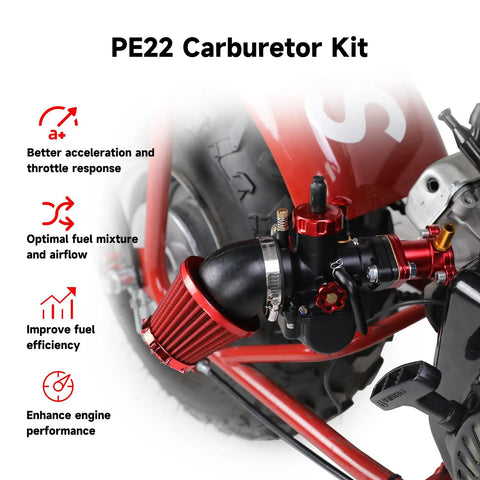 PE22 22mm Carburetor Jet Kit For Predator 212cc And 196cc Clone Engines, installed on mini bike, includes intake manifold
