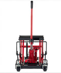 Front view of Beefy 1500 Lbs Hydraulic Motorcycle Lift Jack With Four Wheel ATV Scissor Lift Foot Operated Hoist, red finish.