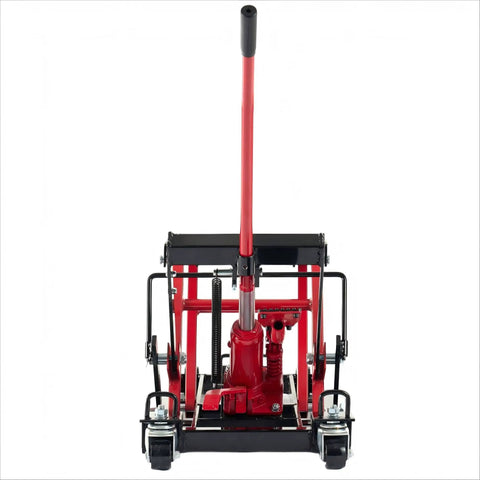 Front view of Beefy 1500 Lbs Hydraulic Motorcycle Lift Jack With Four Wheel ATV Scissor Lift Foot Operated Hoist, red finish.