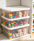 Top Tier Clear Plastic Storage Containers With Tight Snap On Lids Set Of Ten Real Deal Organizers For Home Closets Kitchen Pantry And Garage Must Haves, stacked with toys and shoes.