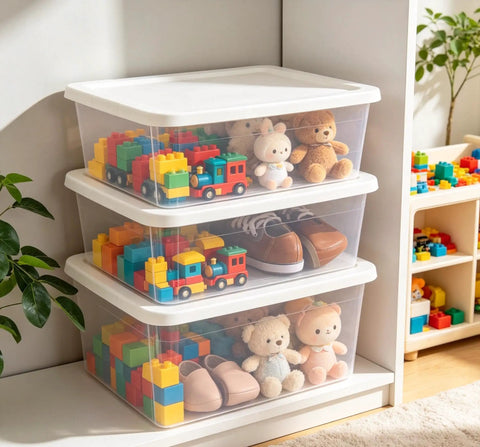 Top Tier Clear Plastic Storage Containers With Tight Snap On Lids Set Of Ten Real Deal Organizers For Home Closets Kitchen Pantry And Garage Must Haves, stacked with toys and shoes.