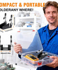 Person holding a case with All Metal Soldering Helping Hands With Two Adjustable Arms Heat Resistant PCB Clamp Stand inside.