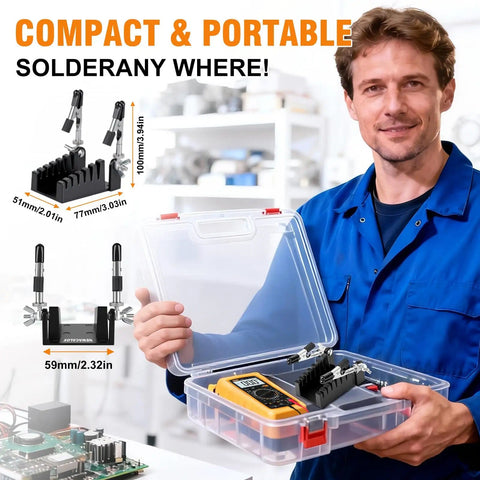 Person holding a case with All Metal Soldering Helping Hands With Two Adjustable Arms Heat Resistant PCB Clamp Stand inside.