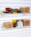 24 Inch Slatwall Shelves Warm White For Garage Organization, Heavy Duty Slat Wall Wire Shelf Set Of 2 with tools and boxes