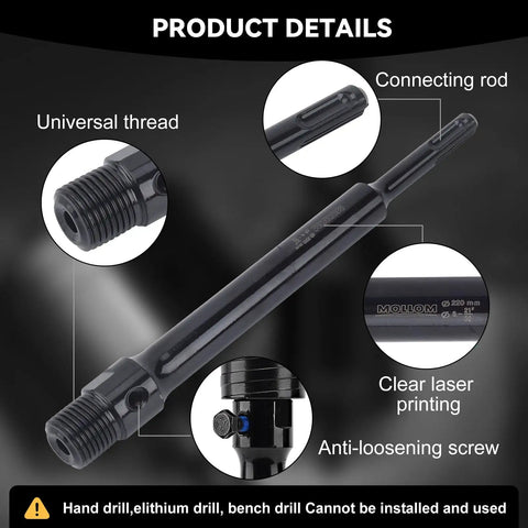 Heavy Duty 73mm Concrete Hole Saw With 220mm SDS Plus Shank showing connecting rod with universal thread for masonry drilling.