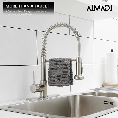 Built Tight Single Handle Pull Down Kitchen Faucet With Brushed Nickel Stainless Steel Finish and Broad Deck Plate, with sprayer and towel.
