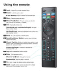 Image showing the XRT140 Remote Replacement for D Series M Series V Series LED LCD Smart TVs with labeled buttons and functions. No programming required, easy setup, just insert batteries.