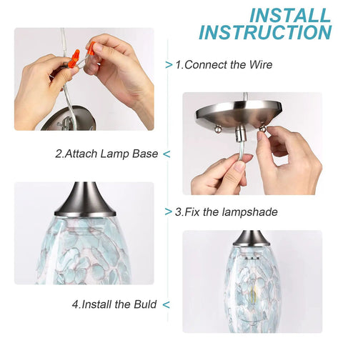 Installation guide for Three Light Pendant Set For Kitchen Island With Hand Blown Blue Glass Shades Chrome Canopy Adjustable Cords Coastal Chic Modern Vibe Pendant Lighting For Dining Room And Living Room.