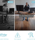 Before and after using 2 In 1 Under Desk Cable Management Tray And Privacy Panel With Dual Sided Felt Cord Organizer for organized desk.