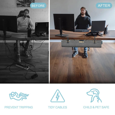 Before and after using 2 In 1 Under Desk Cable Management Tray And Privacy Panel With Dual Sided Felt Cord Organizer for organized desk.