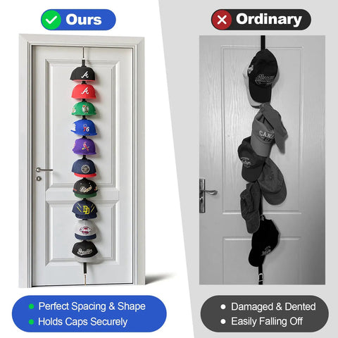 Door Hat Rack With Two Way Hanging And Display Hooks For Baseball Caps Over The Door Hat Organizer For Bedroom Entryway Or Garage Doors Space Saving Hat Hanger That Keeps Caps In Place And Clutter Free shown on a door