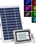 JUDYSSY Led Flood Lights Outdoor Solar Lights with remote control, solar panel, and 7 color options for outdoor garden use.