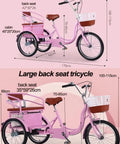 Diagram showing two pink 3 wheel pedal tricycles with back seats, safety belts, front caliper brakes, and spoke wheels for adults.