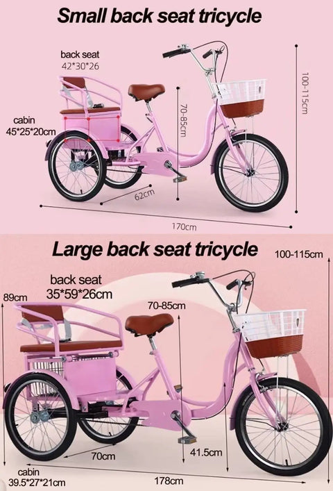 Diagram showing two pink 3 wheel pedal tricycles with back seats, safety belts, front caliper brakes, and spoke wheels for adults.