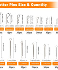360 Piece Heavy Duty Pin Kit For Trailers Tractors Trucks Mowers And Farm Equipment Built Tough With Hitch Pins R Clips Hair Pins Lynch Pins PTO Pins And 3 Point Accessories For Lawn Garden And Farm Use showing cotter pins sizes and quantities chart.