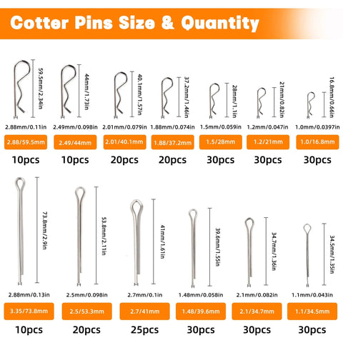 360 Piece Heavy Duty Pin Kit For Trailers Tractors Trucks Mowers And Farm Equipment Built Tough With Hitch Pins R Clips Hair Pins Lynch Pins PTO Pins And 3 Point Accessories For Lawn Garden And Farm Use showing cotter pins sizes and quantities chart.
