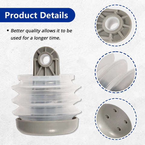 Pump bellow kit for toilet pump with gray plastic bellows and mounting post; includes bushing and bolt.