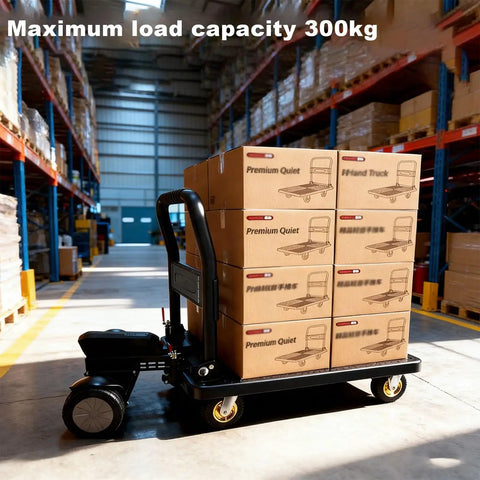 Heavy Duty Powered Platform Cart With 661 Lb Capacity, 800W Motor, And 15.5 Mile Range, Flatbed Hand Truck For Warehouse Sorting, Stocking And Picking, A Real Workhorse That Slashes Fatigue And Boosts Picking Efficiency By Up To 40 Percent, loaded with boxes in warehouse
