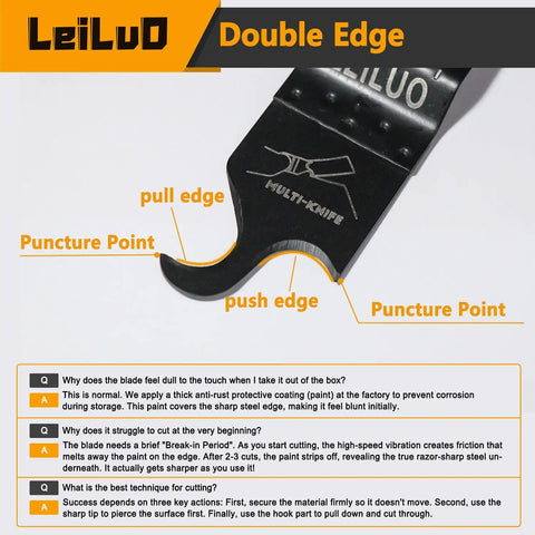 Six-Piece Oscillating Tool Hook Knife Blade Set with double-edge detail and puncture points, compatible with DeWalt, Dremel, Milwaukee