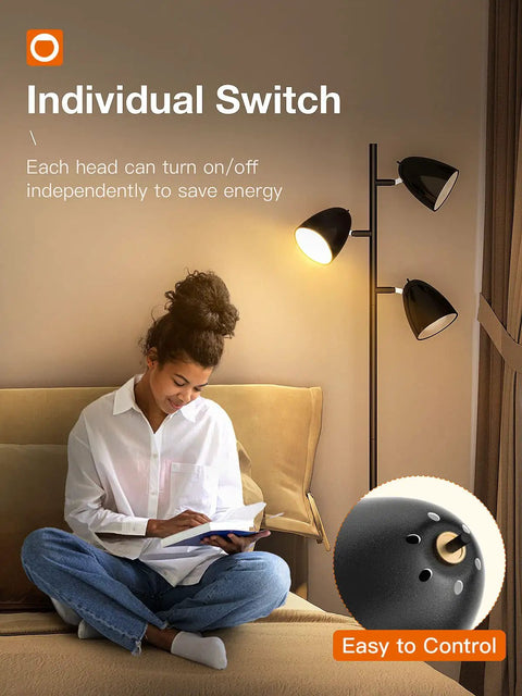 Woman reading beside Three 9W LED Bulbs Included Floor Lamp With 3 Adjustable Rotating Heads, satin nickel finish, 2400 lumens