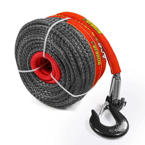 Premium Synthetic Winch Rope Three Eighths Inch By One Hundred Feet, 23800 Lbs Break Strength, shown with forged hook and strap