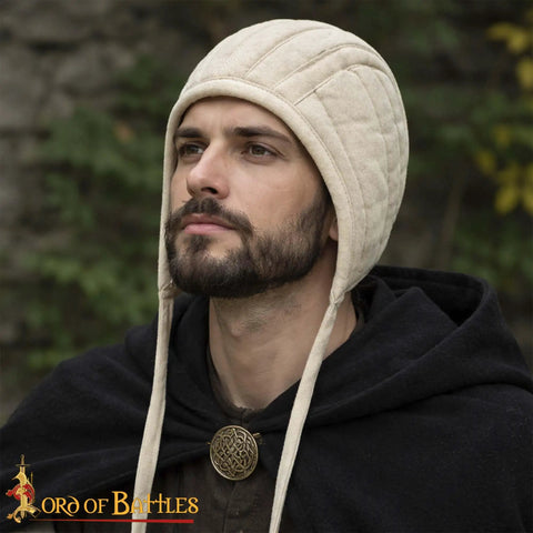 Man wearing Arming Cap Bracers And Padded Greaves Set With Fabric Strings Closure For LARP And Ren Faire Cosplay Ready Durable Canvas
