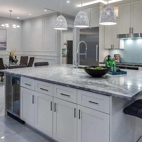 Modern kitchen with island featuring Matte Black Stainless Steel Cabinet Handles 25 Pack With 3 Inch Hole Center, 5 Inch Pulls.