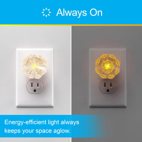 SleepLite Jewel Amber Led Night Light Plug In Always On Energy Efficient UL Certified 2 Pack Ideal Nightlight For Bedroom Bathroom Nursery Hallway Kitchen Space Saving Design showing lit and unlit states