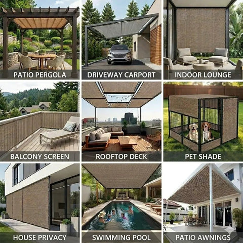 Heavy Duty Sun Shade Cloth For Pergola And Patio 3 By 6 Ft 90 Percent UV Block With 185GSM HDPE Weave Wind Resistant Tarp With Stainless Steel Grommets Privacy Screen For Outdoor Deck Backyard shown in various outdoor settings
