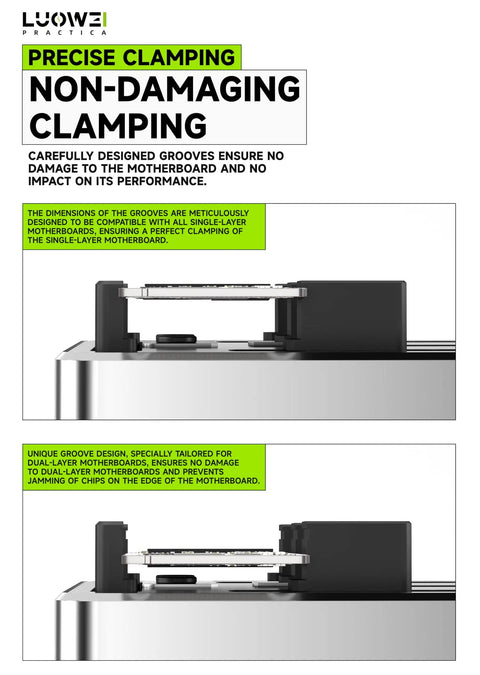 Rock Solid Carbon Fiber Motherboard Fixture Featuring Smooth Triaxial Screw Rods And A Hassle Free Universal Repair Clamp built for easy BGA soldering jobs, showing precise clamping design.